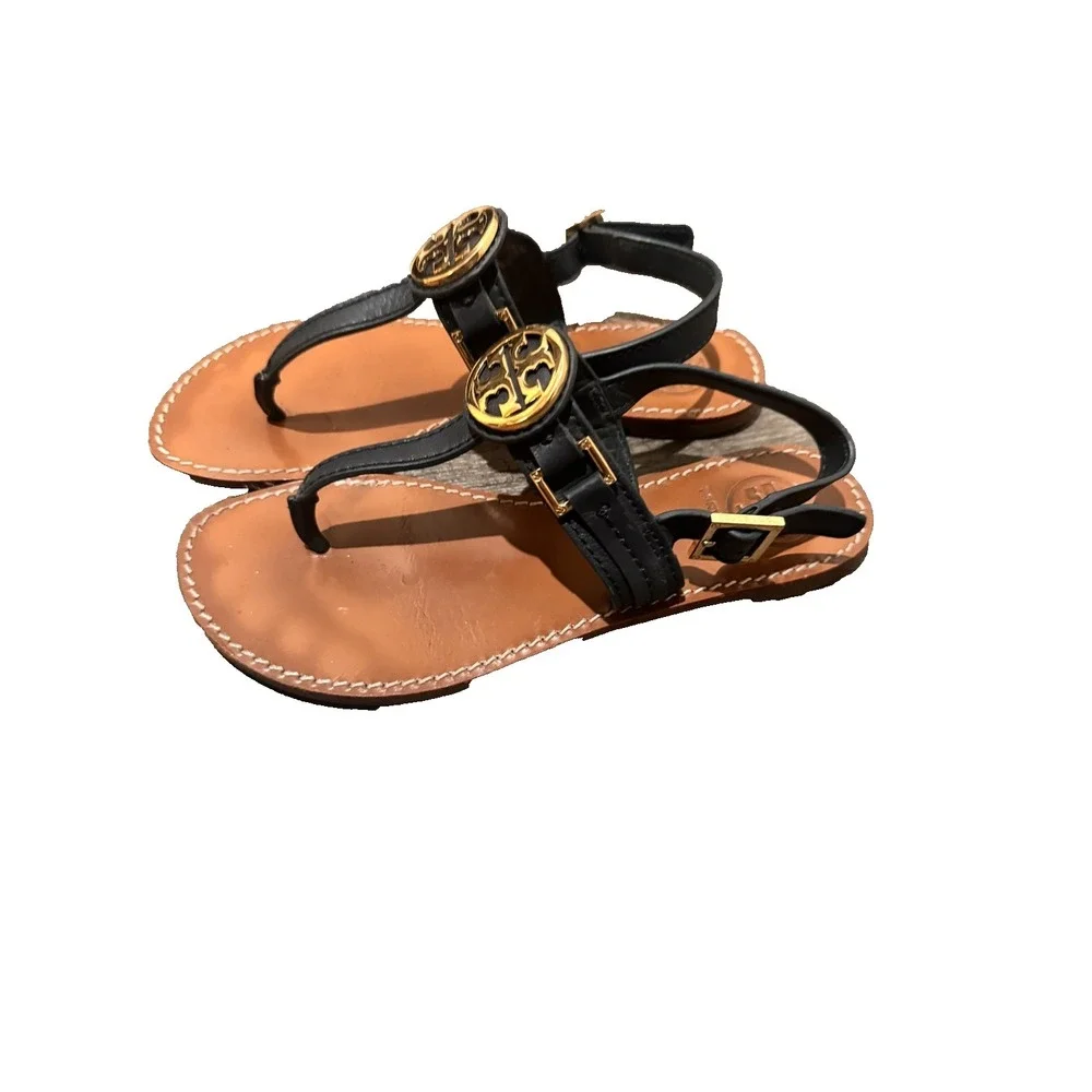 Tory Burch emmy  T-Strap Leather sandals black 6 flats Gold medallion logo shoes